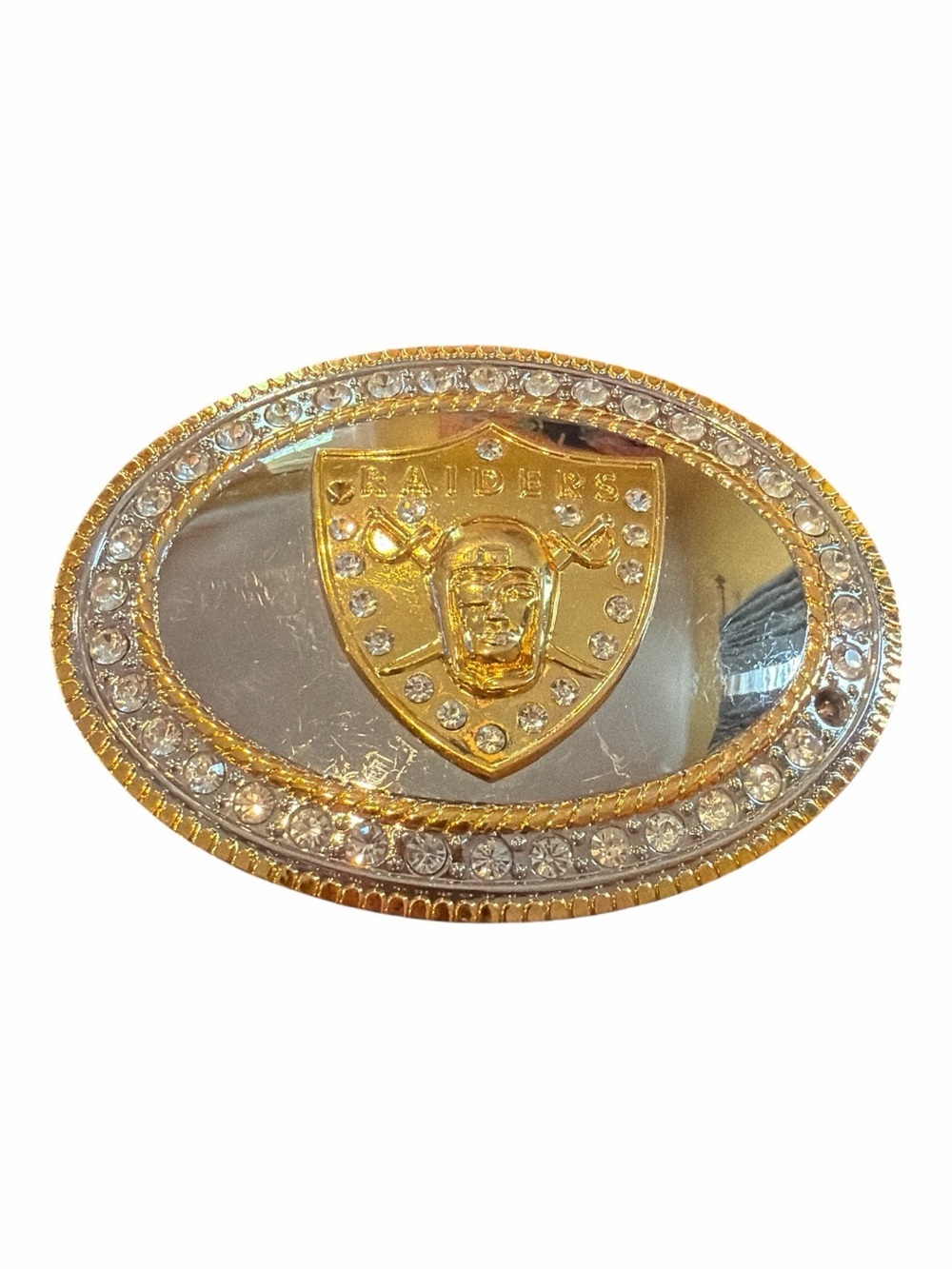 Source Unknown Gold and Silver Raiders Oval Crystal Belt Buckle